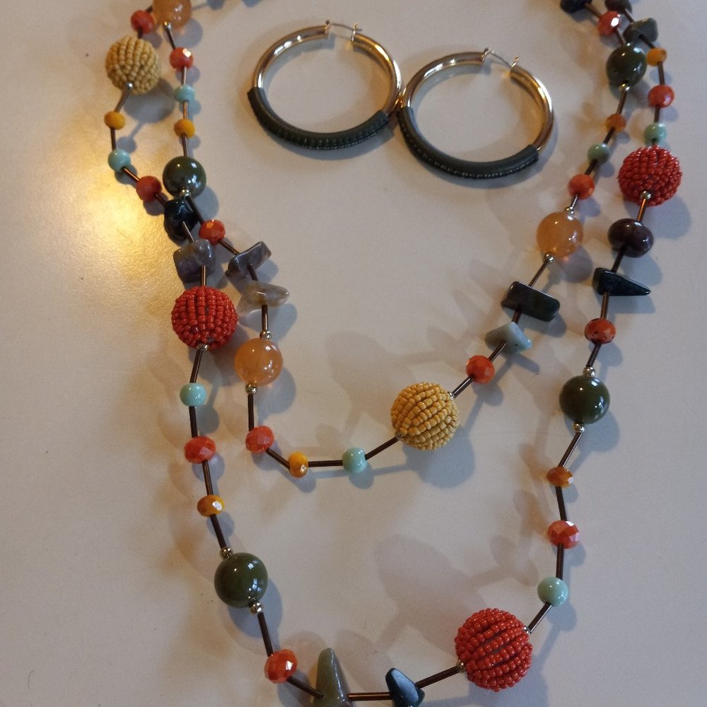 36" double strand bead necklace with coordinating hoops.